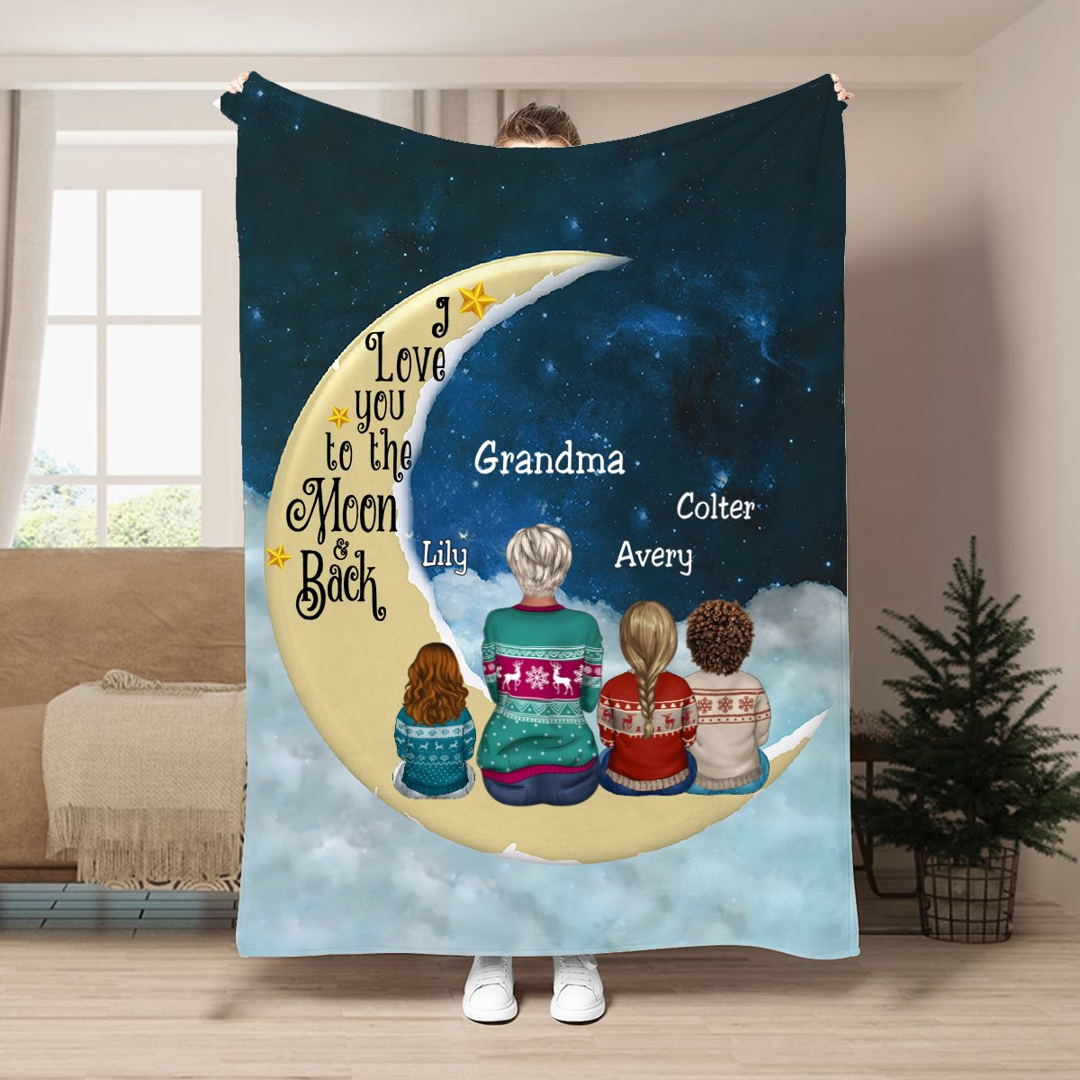 Family - I Love You To The Moon And Back - Personalized Blanket - Makezbright Gifts