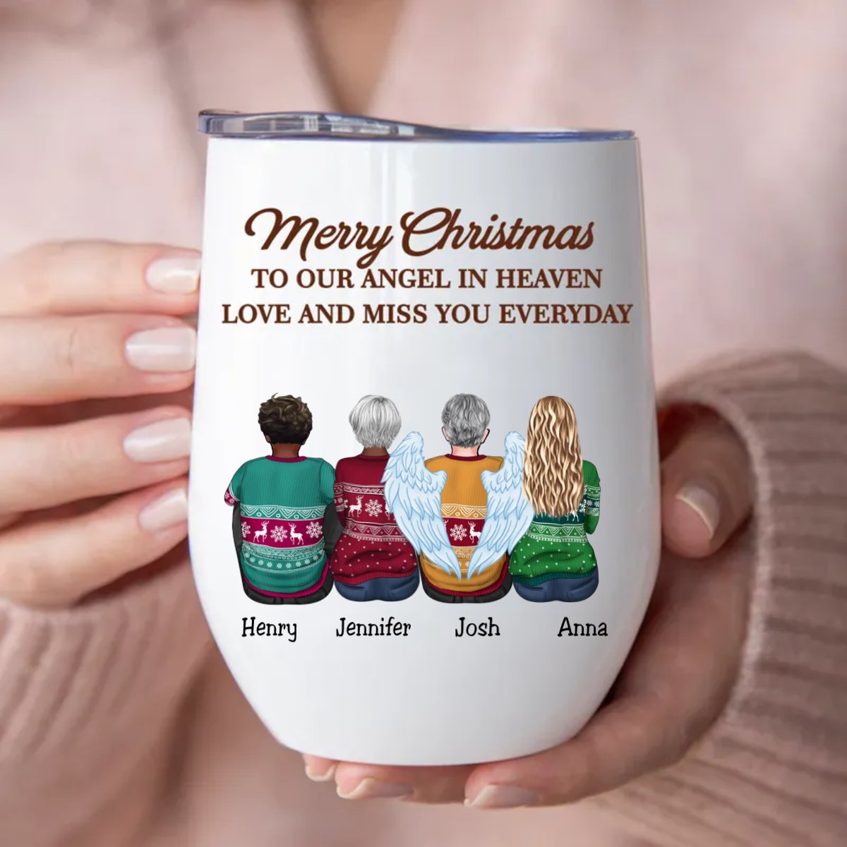 Family - Merry Christmas To Our Angel In Heaven Love And Miss You Everyday - Personalized Wine Tumbler (VT) - Makezbright Gifts