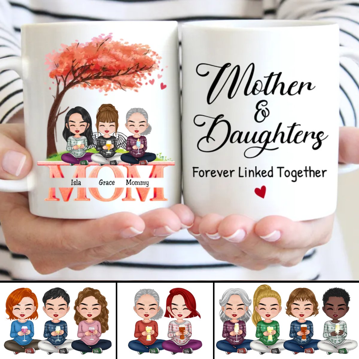 Family - Mother And Daughters Forever Linked Together - Personalized Mug (Ver. 2) - Makezbright Gifts