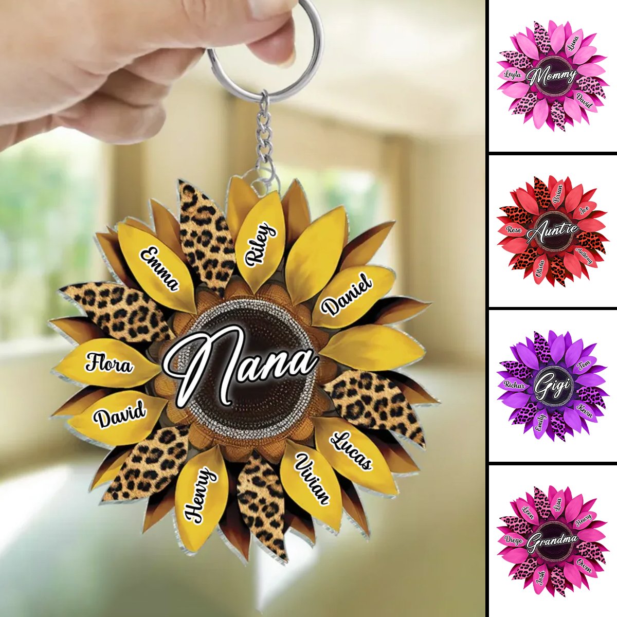 Family - Nana, Mom, Auntie Family Sunflower - Personalized Acrylic Keychain - Makezbright Gifts