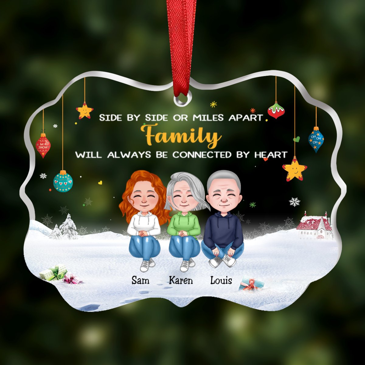 Family - Side By Side Or Miles Apart, Family Will Always Be Connected By Heart - Personalized Acrylic Ornament - Makezbright Gifts