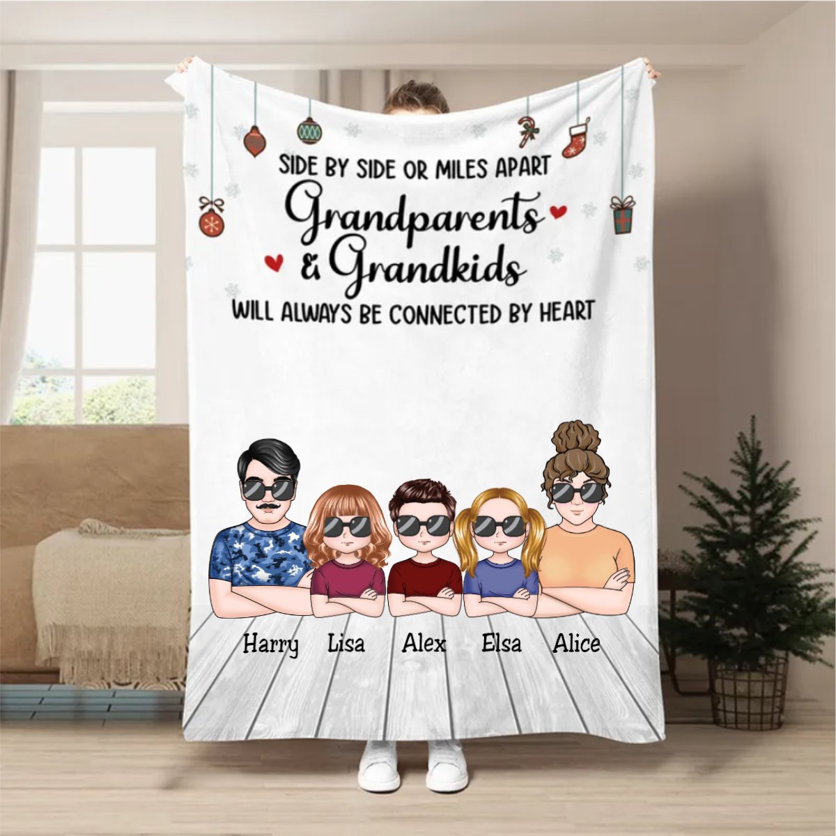 Family - Side By Side Or Miles Apart Grandparents & Grandkids Will Always Be Connected By Heart - Personalized Blanket - Makezbright Gifts