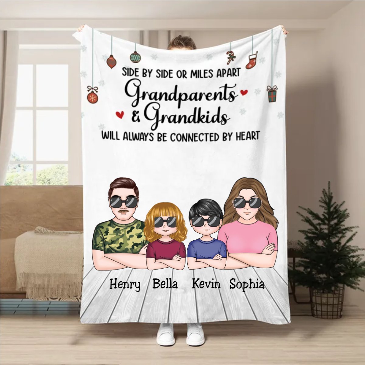 Family - Side By Side Or Miles Apart Grandparents & Grandkids Will Always Be Connected By Heart - Personalized Blanket - Makezbright Gifts