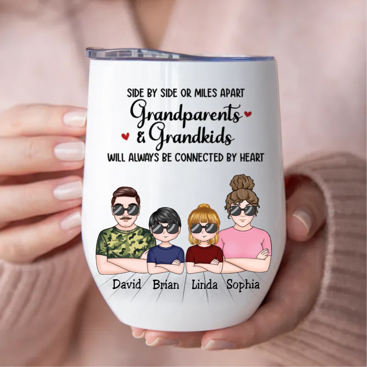 Family - Side By Side Or Miles Apart Grandparents & Grandkids Will Always Be Connected By Heart - Personalized Wine Tumbler - Makezbright Gifts