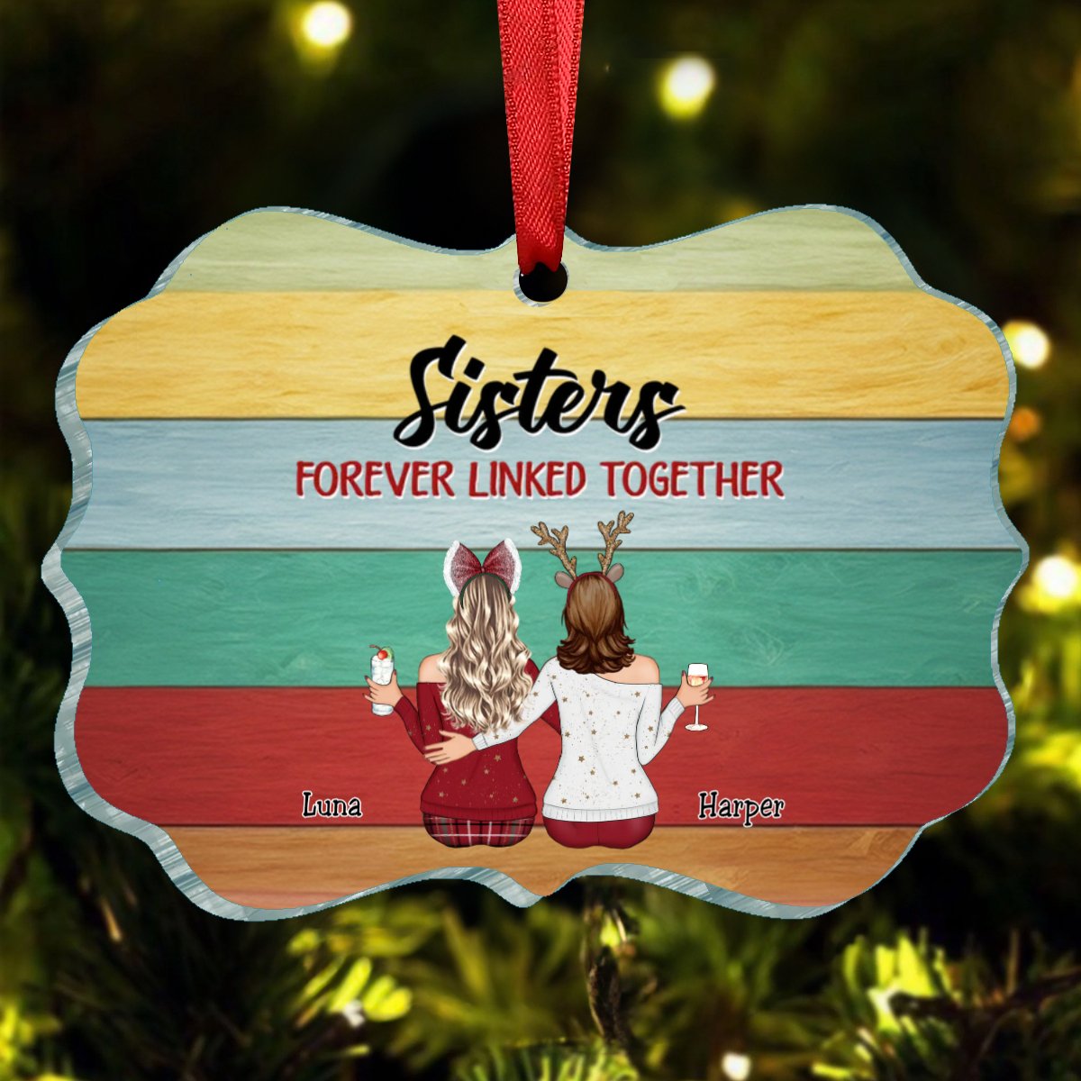 Family - Sisters Forever Linked Together - Personalized Acrylic Ornament - Makezbright Gifts