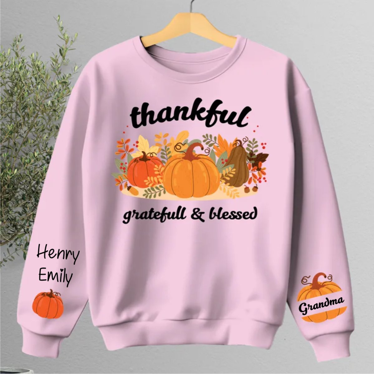 Family - Thankful Grateful And Blessed Grandma Pumpkin - Personalized Sweater - Makezbright Gifts