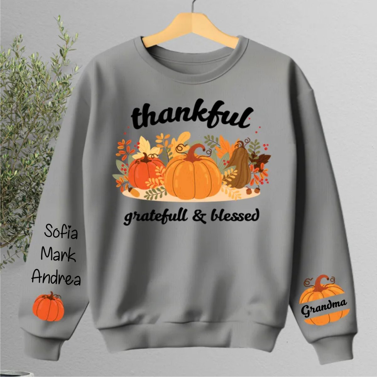 Family - Thankful Grateful And Blessed Grandma Pumpkin - Personalized Sweater - Makezbright Gifts