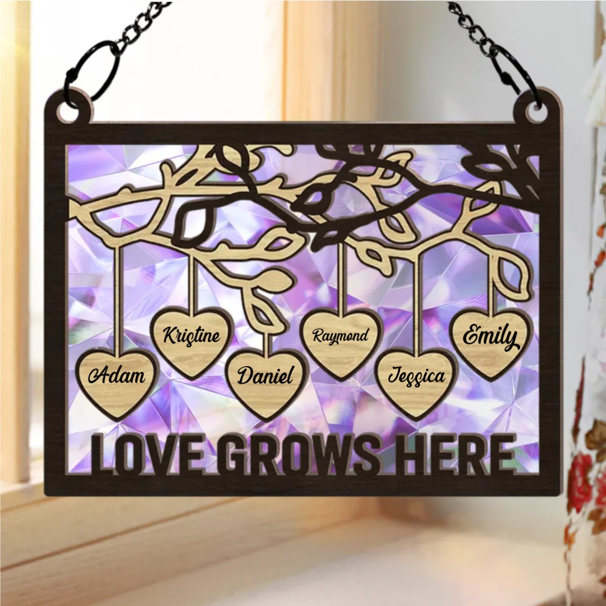 Family - Tree Wood Love Grows Here - Personalized Window Hanging Suncatcher Ornament - Makezbright Gifts