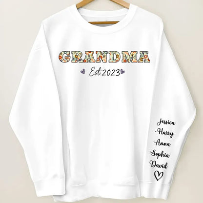 Family - Vintage Flowers Grandma Est With Grandkids Names - Personalized Sleeve Printed Sweatshirt (TL) - Makezbright Gifts