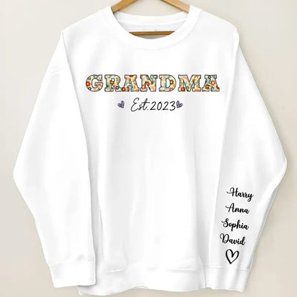 Family - Vintage Flowers Grandma Est With Grandkids Names - Personalized Sleeve Printed Sweatshirt (TL) - Makezbright Gifts