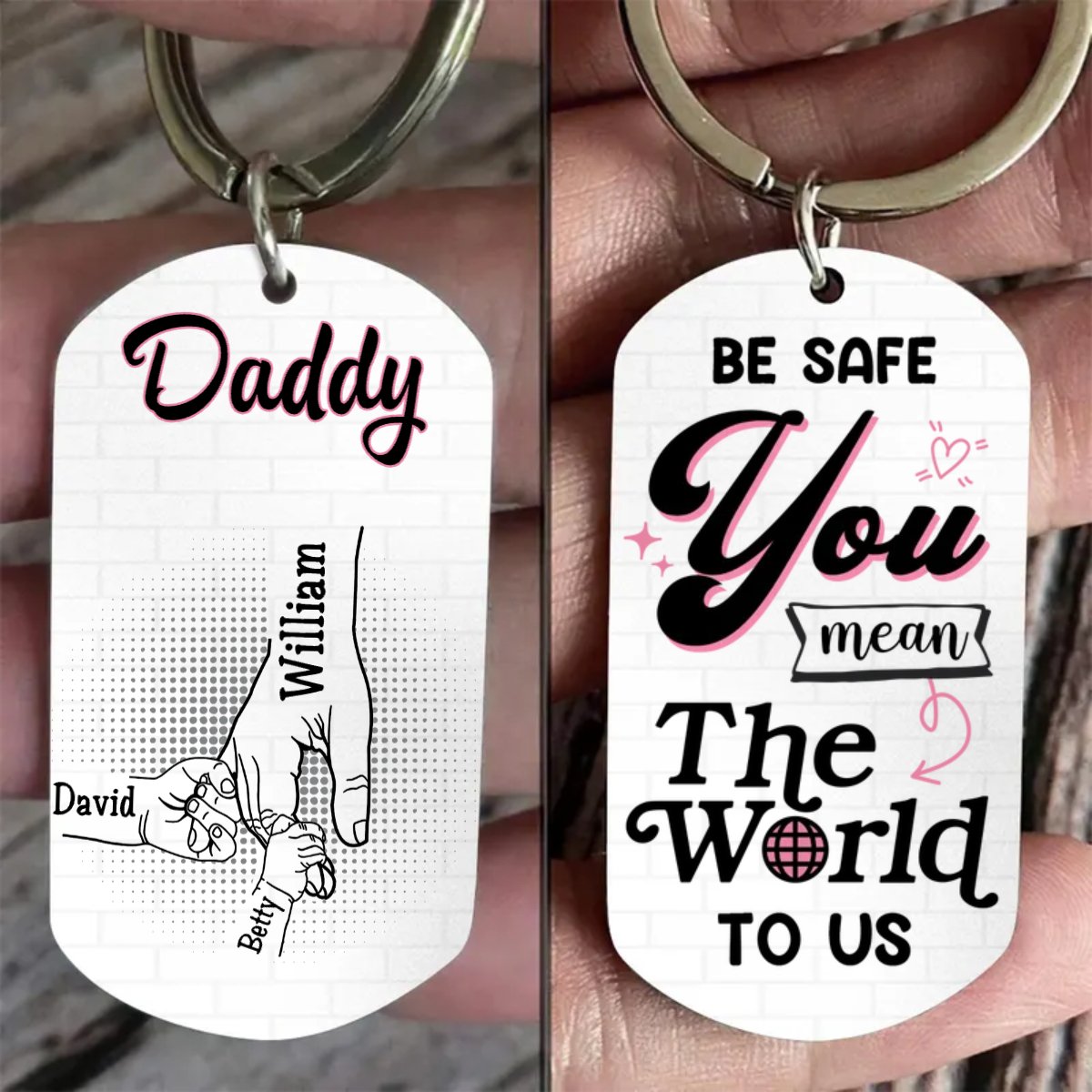 Father - Be Safe Kids Holding Dad Hands - Personalized Engraved Stainless Steel Keychain (HJ) - Makezbright Gifts