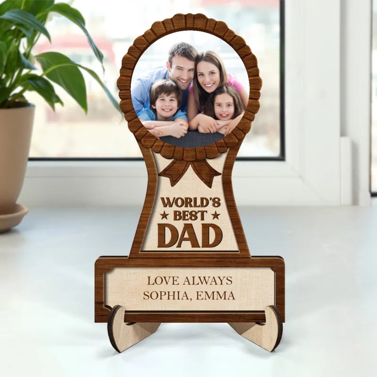 Father - Custom Photo Best Dad Ever - Personalized 2 - Layered Wooden Plaque With Stand - Makezbright Gifts