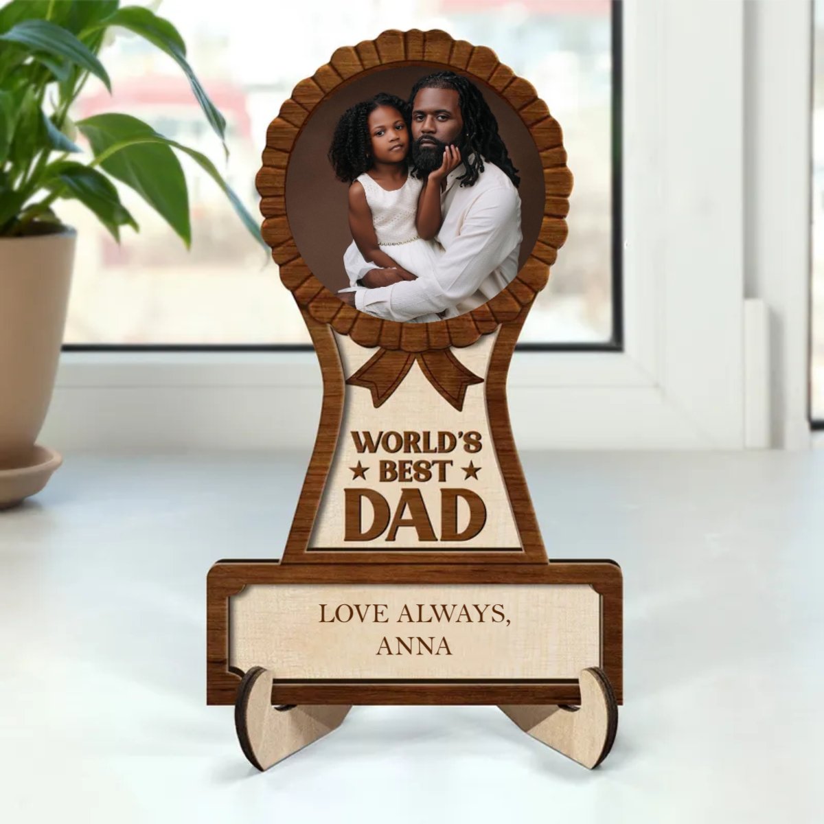 Father - Custom Photo Best Dad Ever - Personalized 2 - Layered Wooden Plaque With Stand - Makezbright Gifts