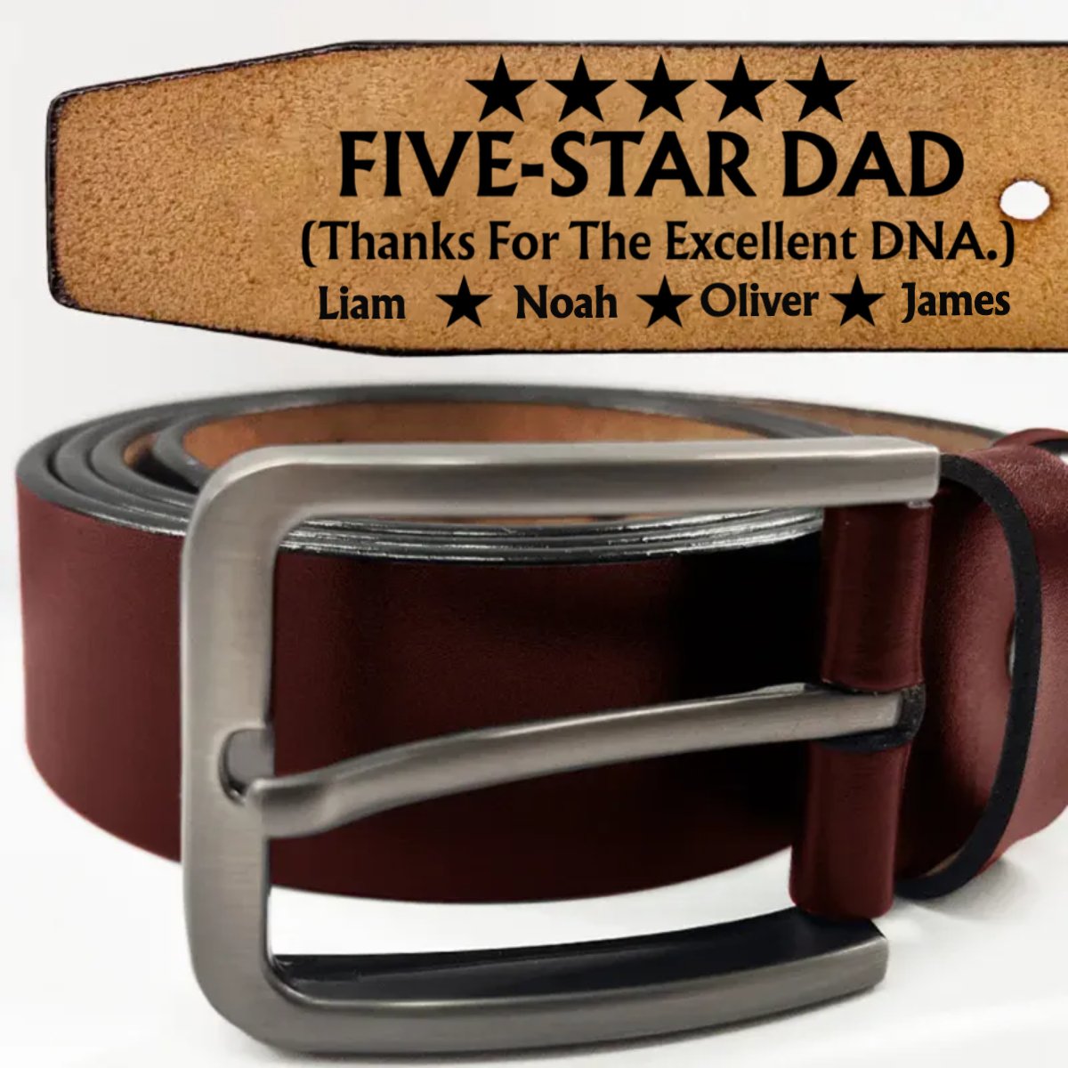 Father - Five - Star Dad Thanks For The Excellent DNA - Personalized Engraved Leather Belt - Makezbright Gifts