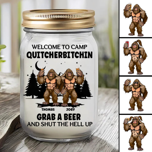 Friends - Bigfoot Welcome To Camp Quitcherbitchins Camping - Personalized Mason Jar Light - Makezbright Gifts