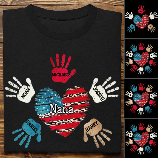 Grandma - 4th of July Leopard Nana Mom Kids Heart Hand To Hand - Personalized T - Shirt - Makezbright Gifts