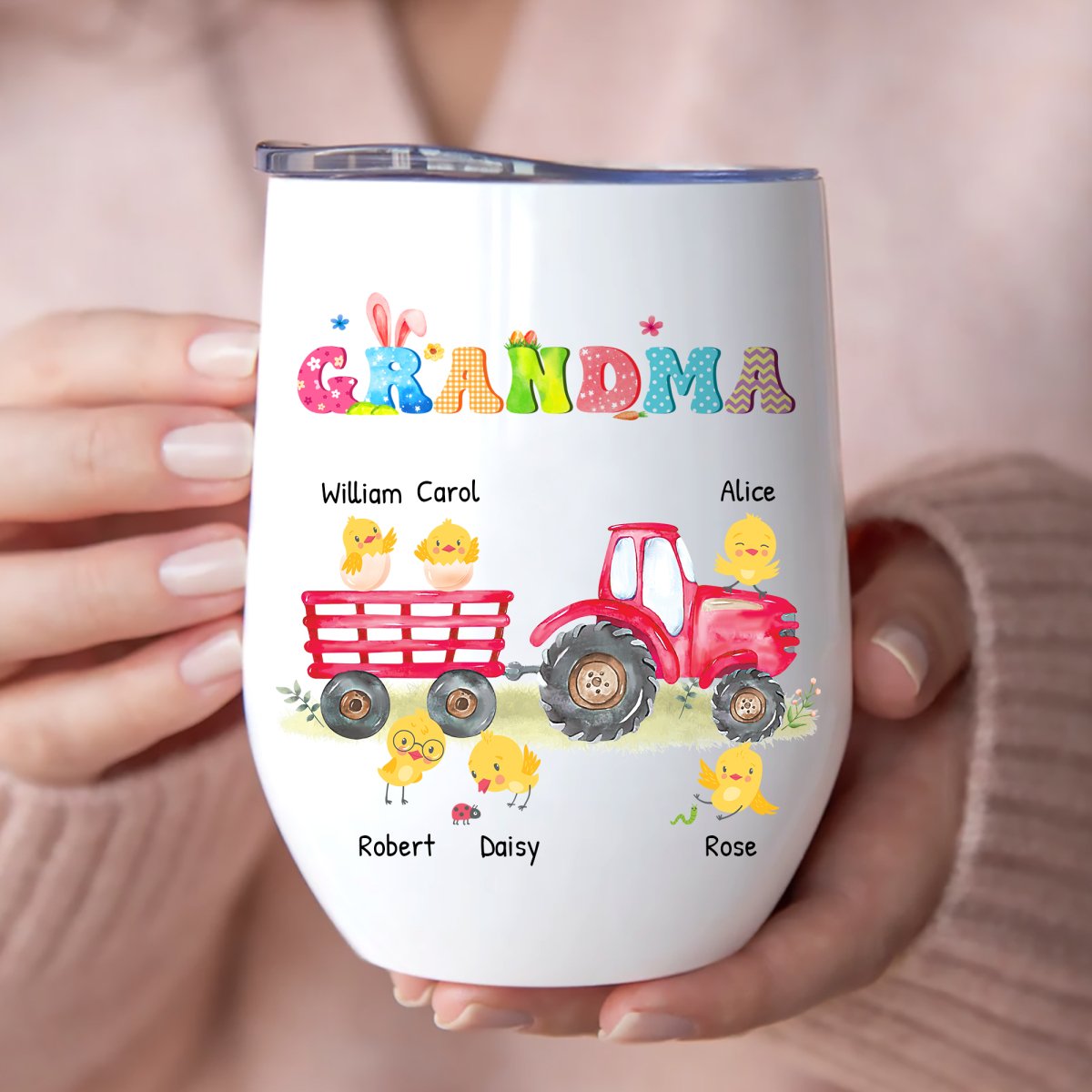 Grandma - Celebrate Easter With Grandma And Grandchildren - Personalized Wine Tumbler - Makezbright Gifts