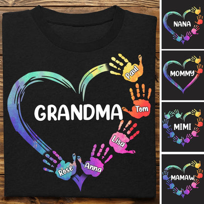 Grandma - Color Grandma Mom Heart, Hands Print V2 - Personalized T - shirt - Makezbright Gifts