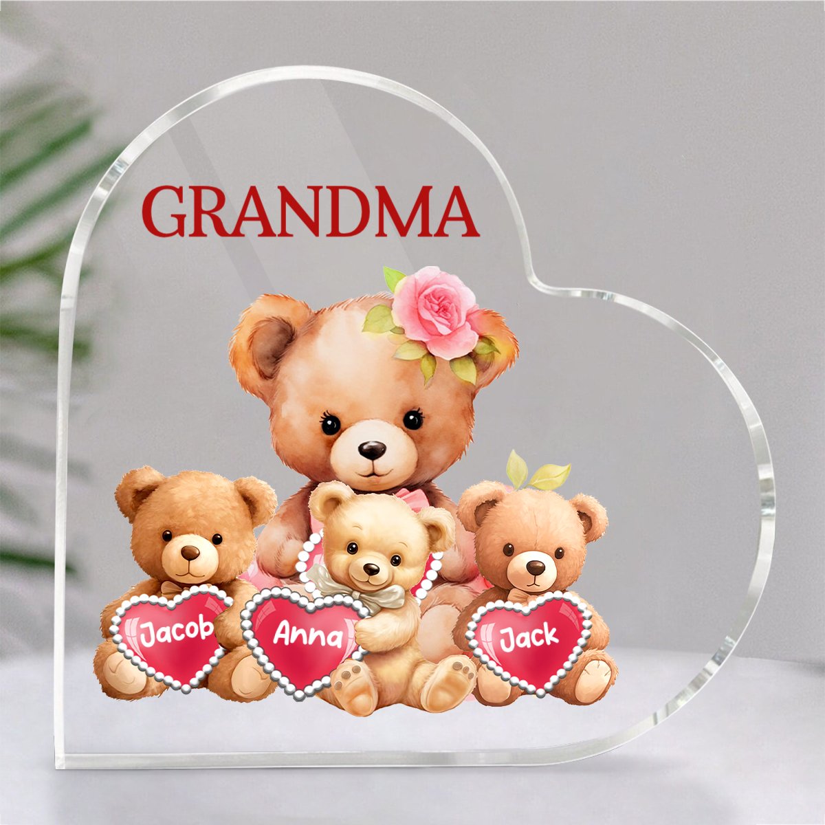 Grandma - Mama Bear With Little Kids - Personalized Heart Acrylic Plaque - Makezbright Gifts