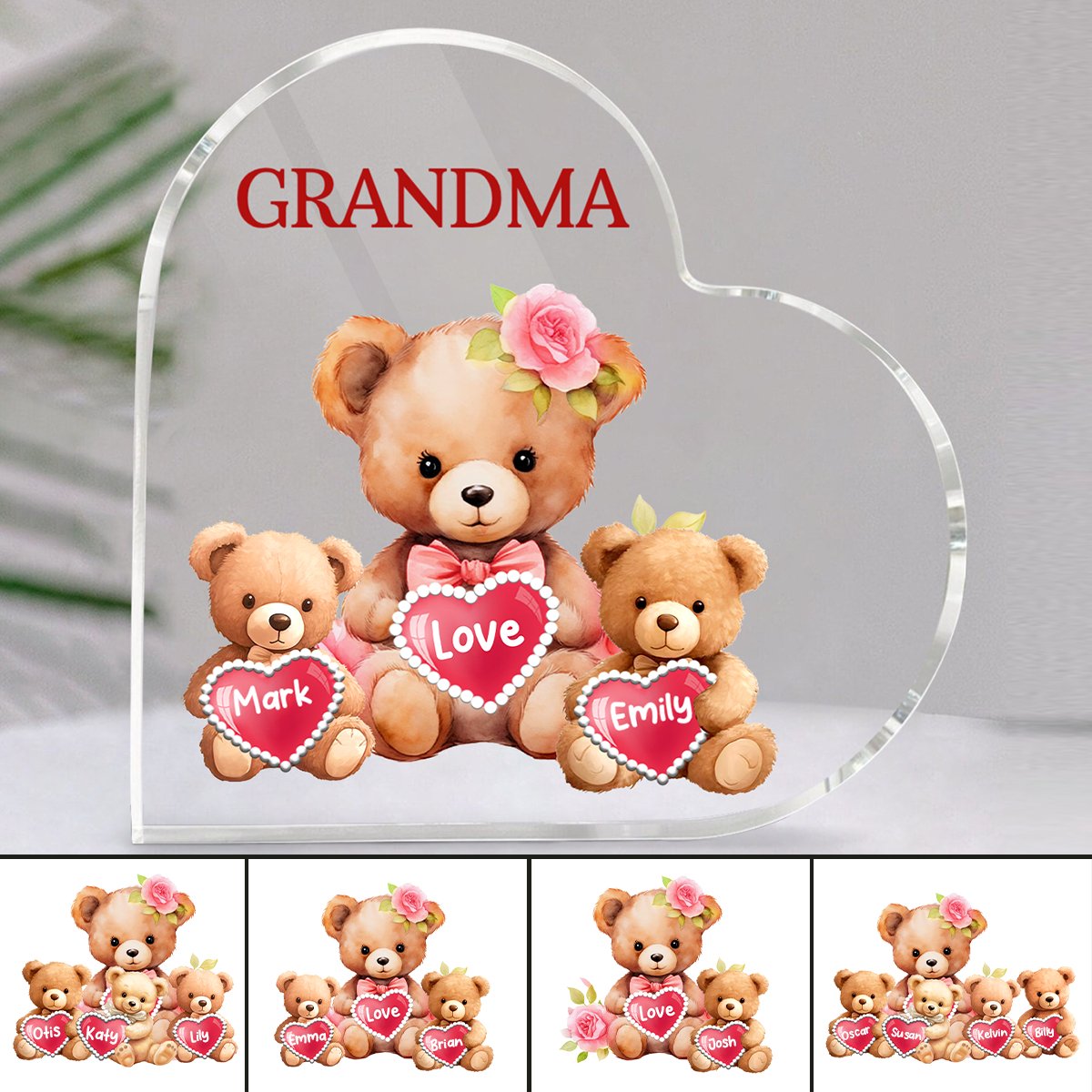 Grandma - Mama Bear With Little Kids - Personalized Heart Acrylic Plaque - Makezbright Gifts