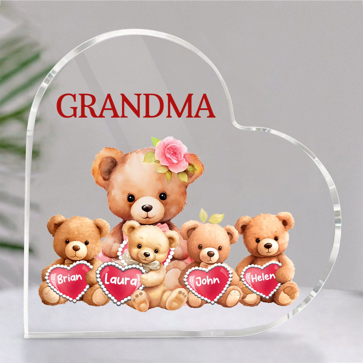 Grandma - Mama Bear With Little Kids - Personalized Heart Acrylic Plaque - Makezbright Gifts