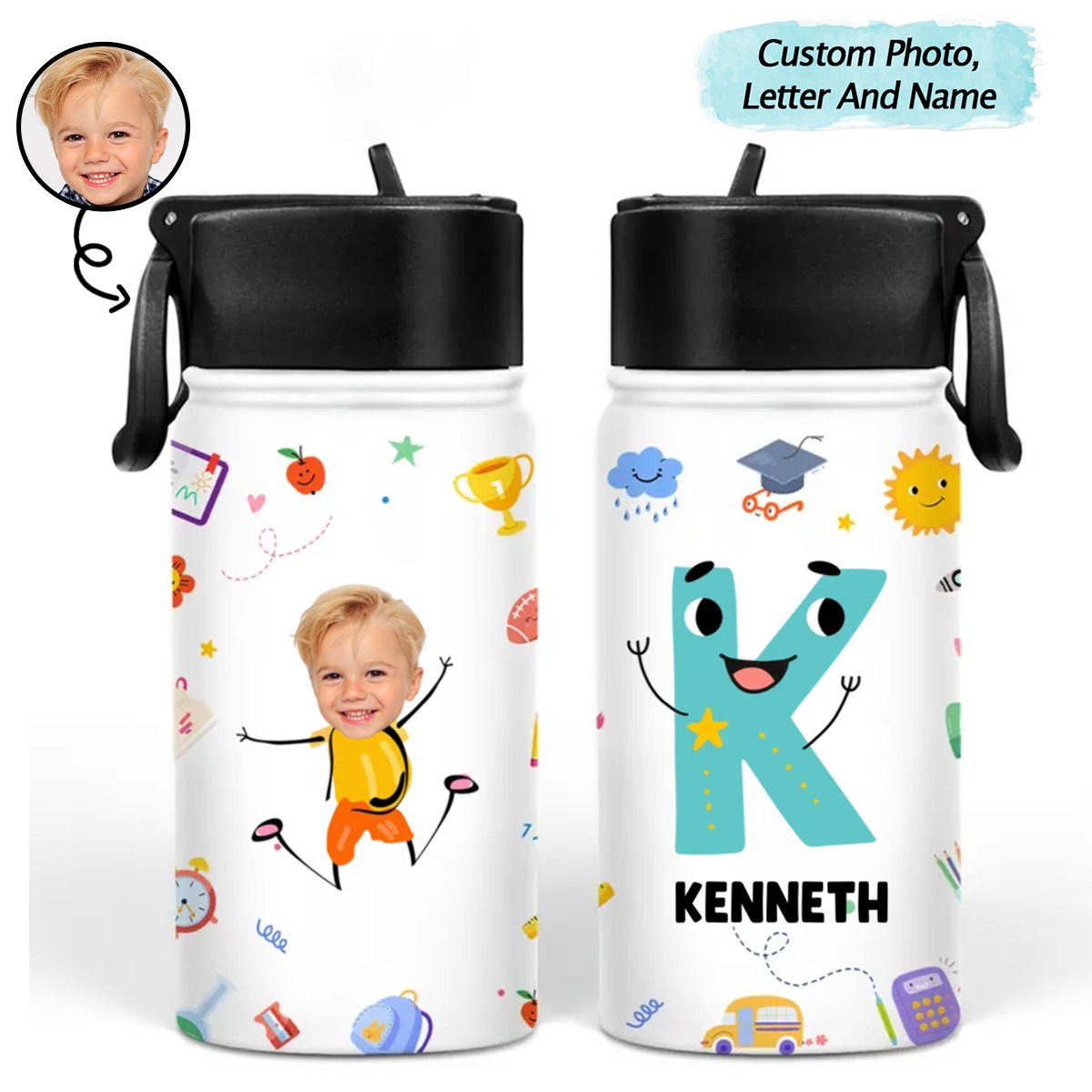 Kid - Custom Photo Letter School Kid - Personalized Kids Water Bottle - Makezbright Gifts