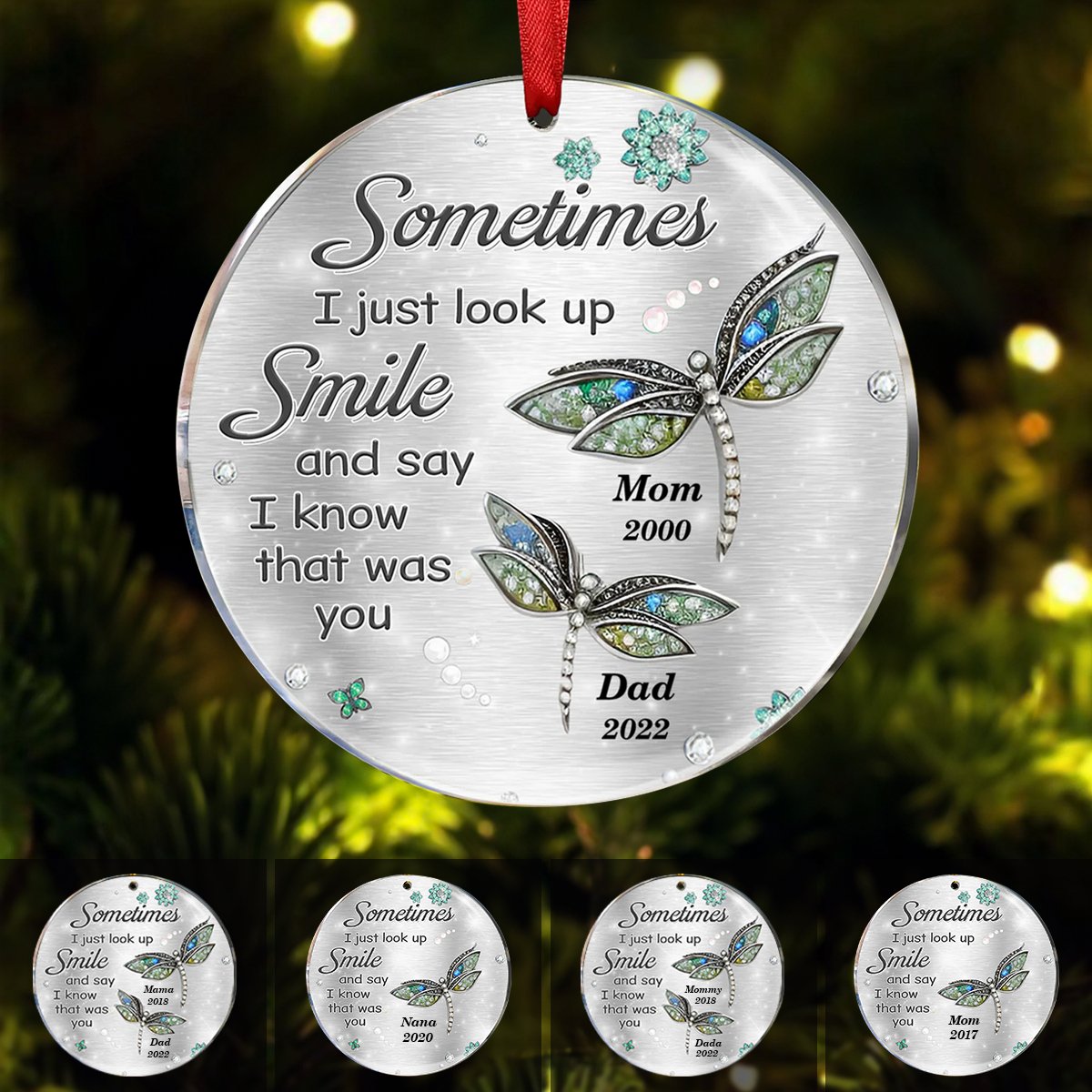 Memorial - Sometimes I Just Look Up Smile Memory Dragonfly - Personalized Circle Ornament - Makezbright Gifts