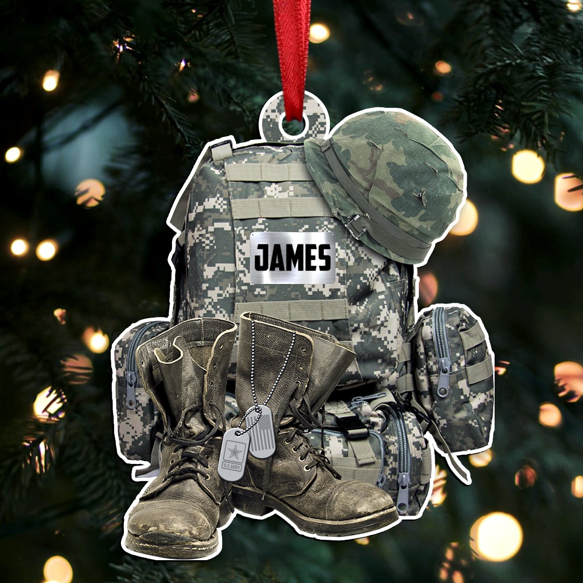 Military Uniform - Soldier Backpack, Boot & Hat - Personalized Ornament - Makezbright Gifts