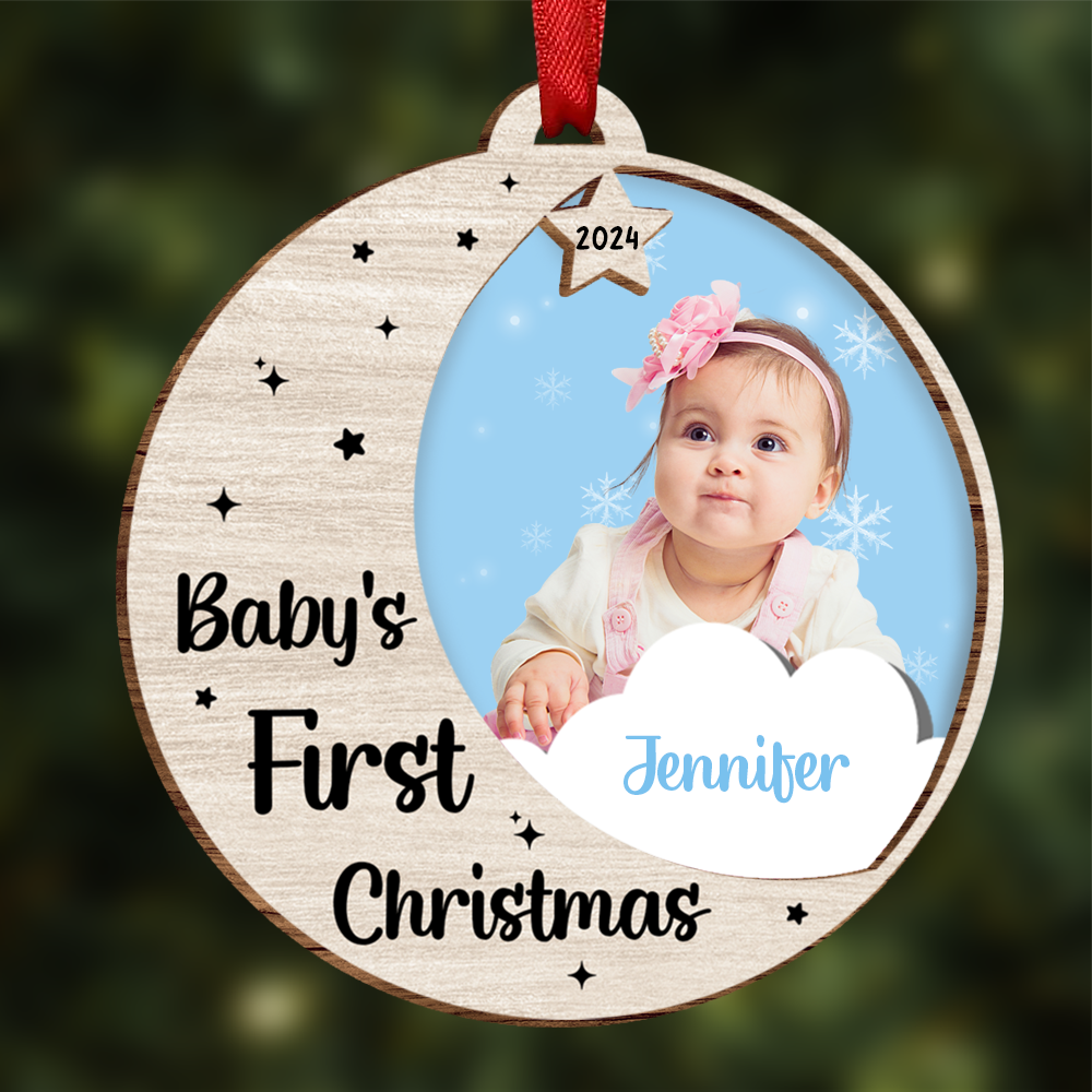 Custom Photo New Baby's First Christmas - Personalized 2-Layered Wooden Ornament