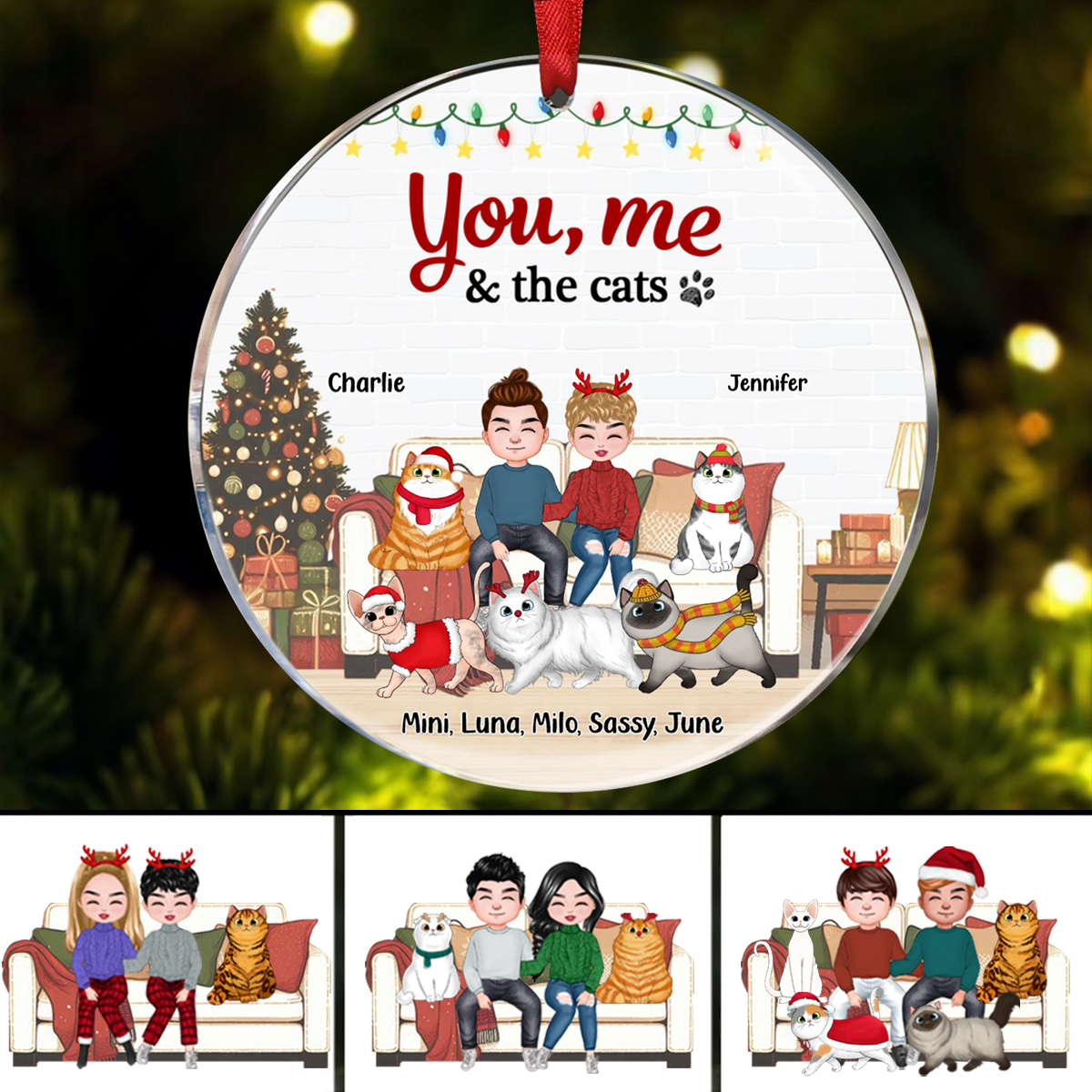 You Me & The Cats On Sofa Christmas Personalized Circle Ornament