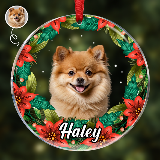 Custom Photo Pet Face Christmas Wreath Dog Cat Pet Memorial - Personalized Circle Glass Ornament