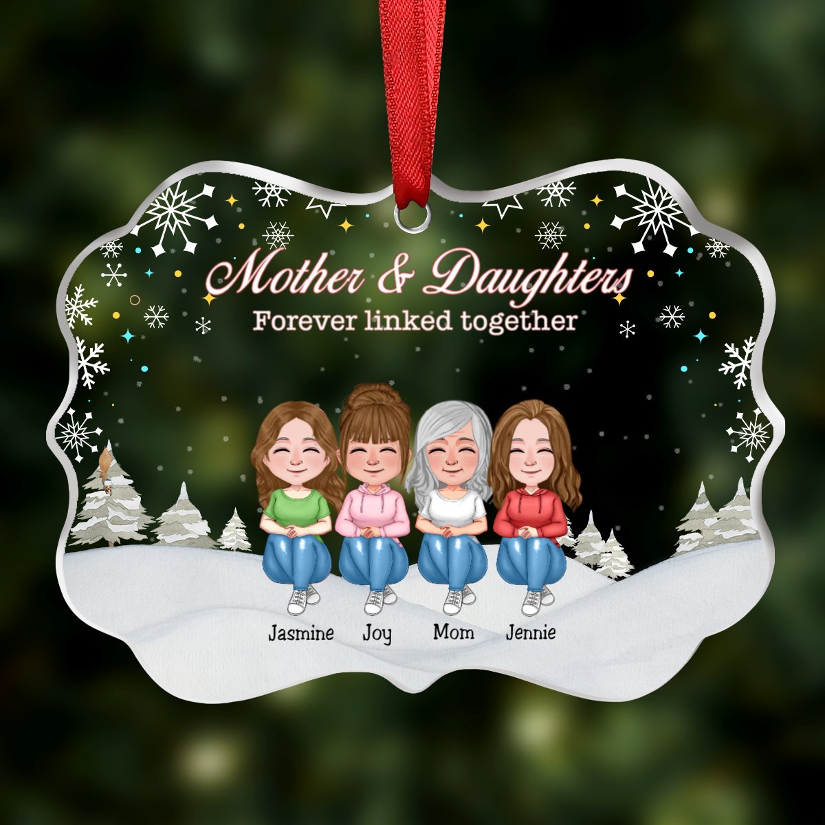 Mother & Daughter - Mother & Daughters Forever Linked Together - Personalized Transparent Ornament (Ver 2) - Makezbright Gifts