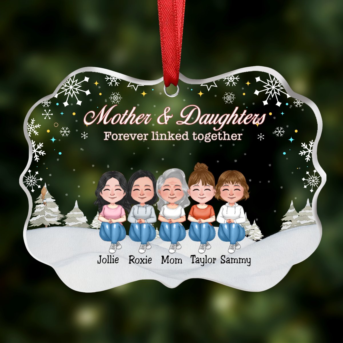 Mother & Daughter - Mother & Daughters Forever Linked Together - Personalized Transparent Ornament (Ver 2) - Makezbright Gifts