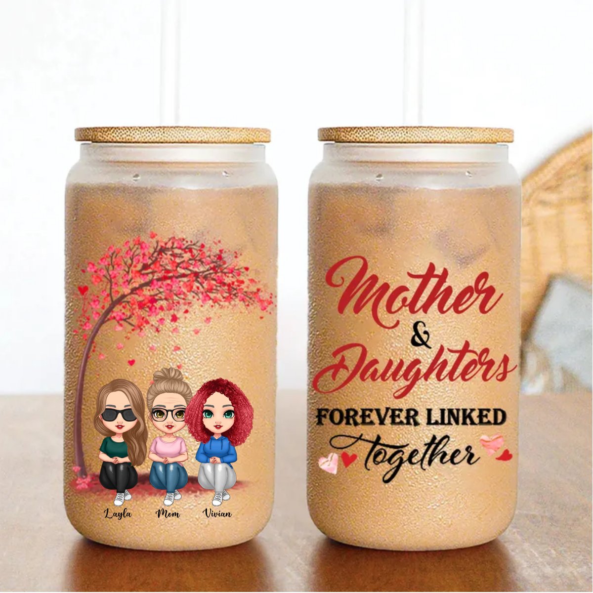 Mother - Doll Women Gift For Mother Mom And Daughters Sitting Under Tree - Personalized Glass Can - Makezbright Gifts