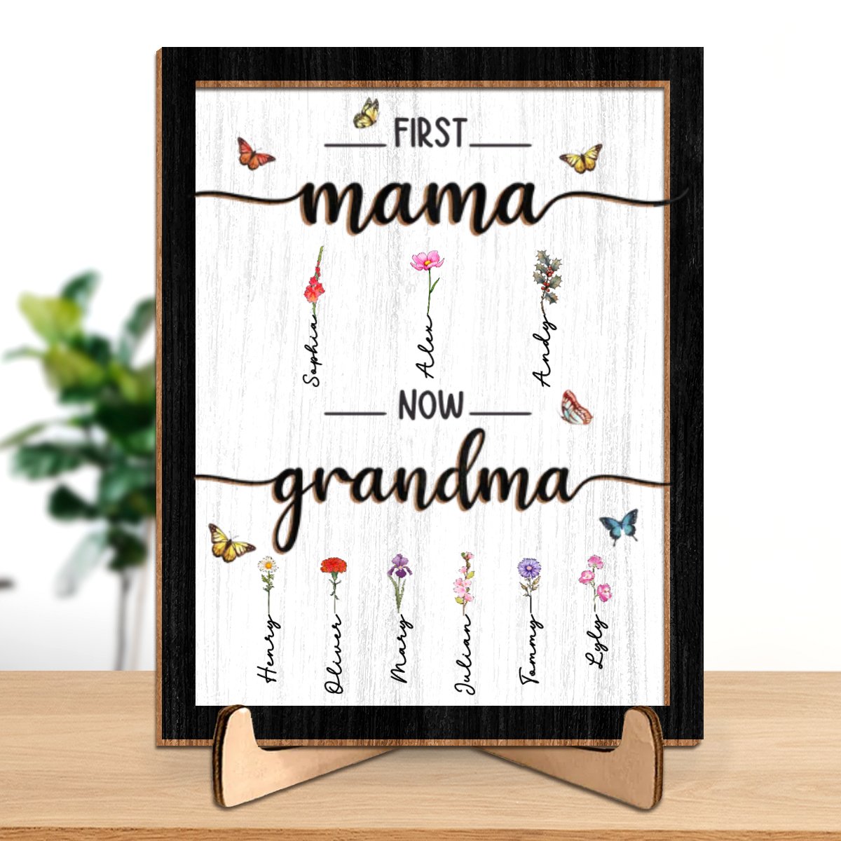 Mother - First Mom Now Grandma - Personalized 2 - Layered Wooden Plaque With Stand (L) - Makezbright Gifts