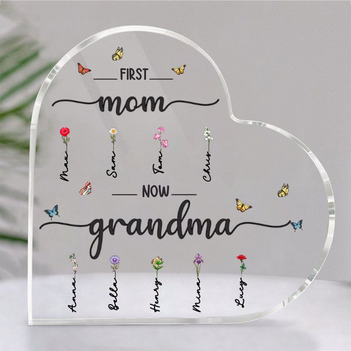 Mother - First Mom Now Grandma - Personalized Heart Acrylic Plaque (L) - Makezbright Gifts