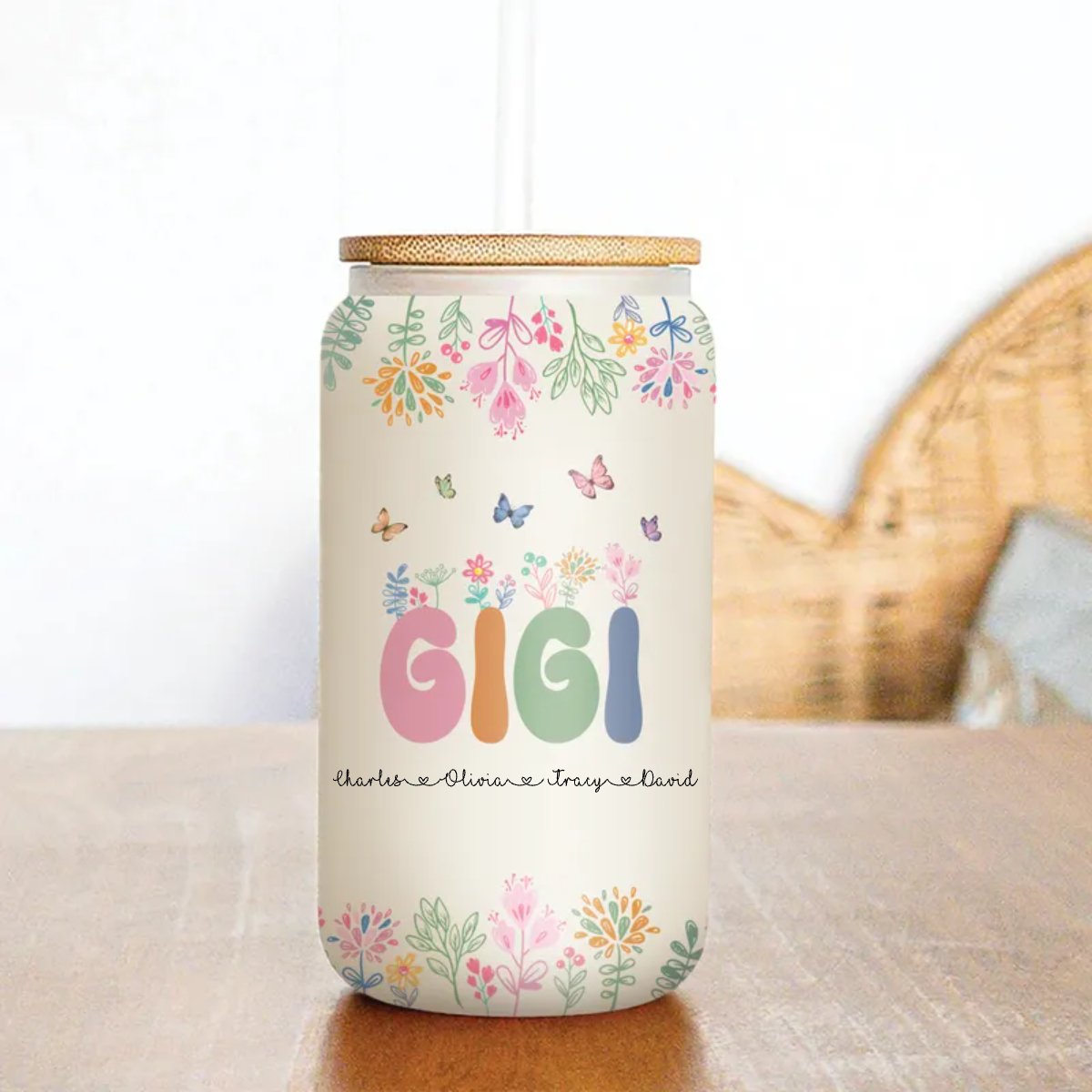 Mother - Mama Grandma Mimi Gigi Floral With Kids Names - Personalize Glass Can (HJ) - Makezbright Gifts