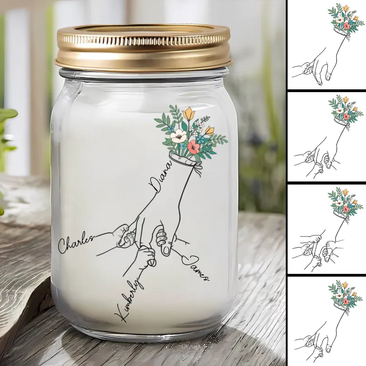 Mother - Mom Grandma Floral Hands Holding - Personalized Mason Jar Light (HJ) - Makezbright Gifts