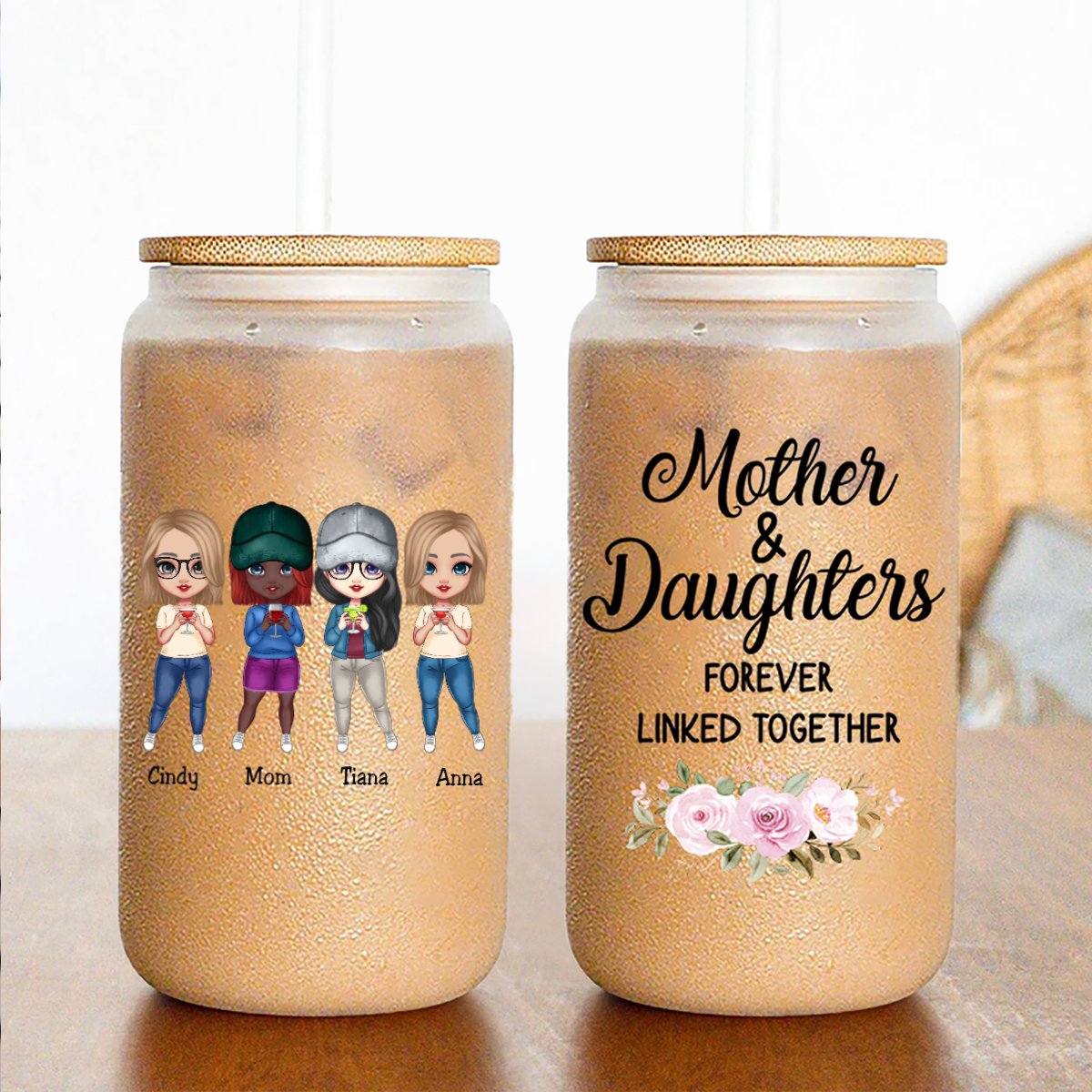 Mother - Mother & Daughter Forever Linked Together - Personalized Glass Can - Makezbright Gifts