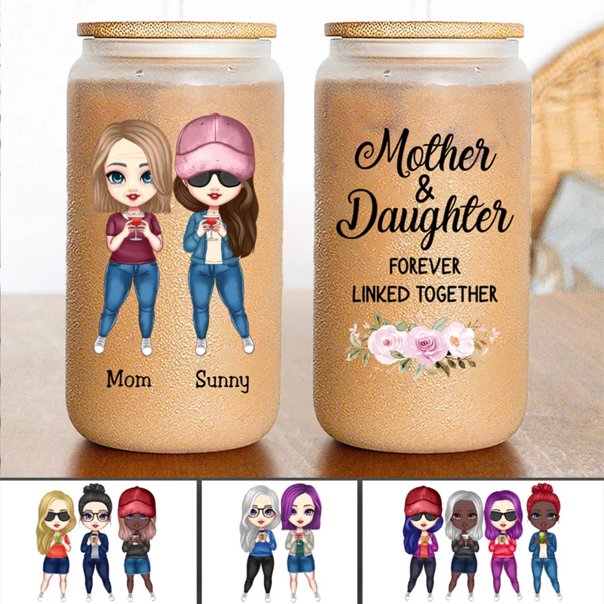 Mother - Mother & Daughter Forever Linked Together - Personalized Glass Can - Makezbright Gifts