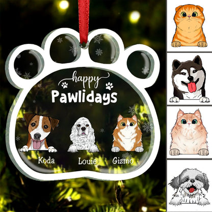 Pet Lovers - Happy Pawlidays Funny Cartoon Dogs Cats - Personalized Acrylic Ornament - Makezbright Gifts