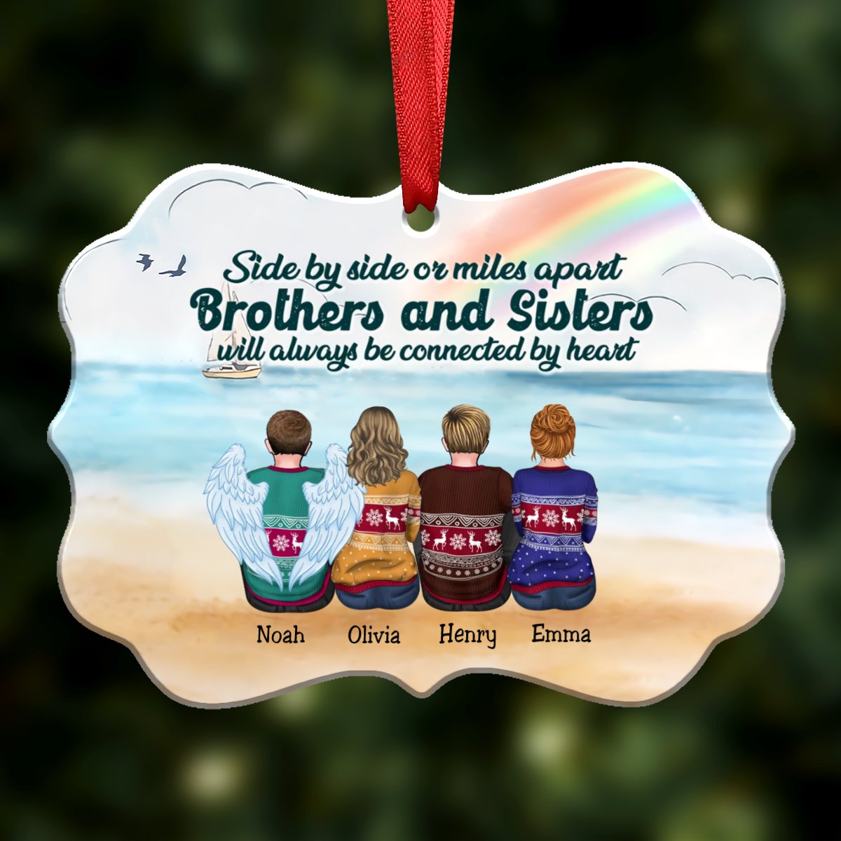 Side By Side Or Miles Apart Brothers And Sisters Will Always Be Connected By Heart - Personalized Christmas Ornament (ver2) - Makezbright Gifts