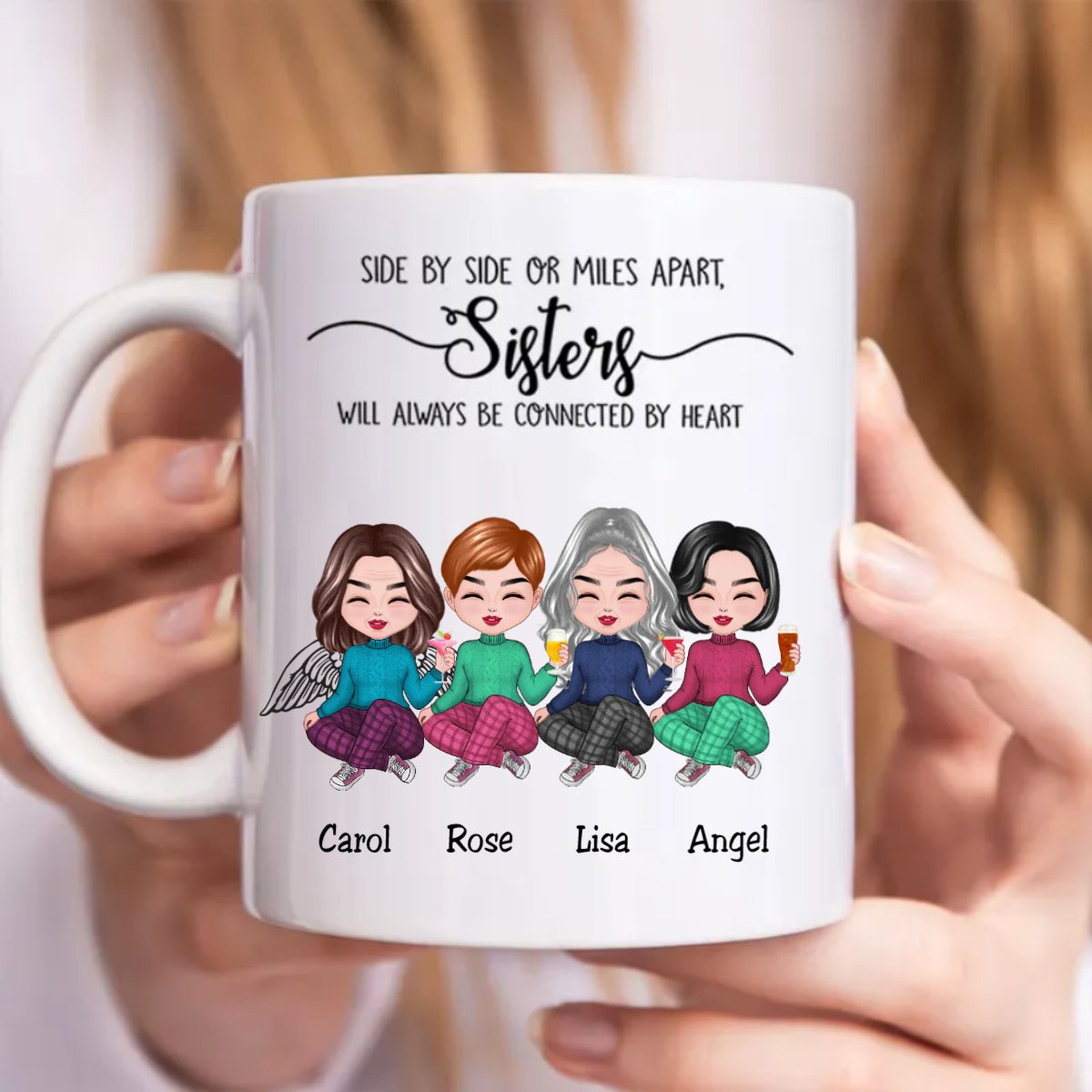 Side By Side Or Miles Apart, Sisters Will Always Be Connected By Heart - Personalized Mug - Makezbright Gifts