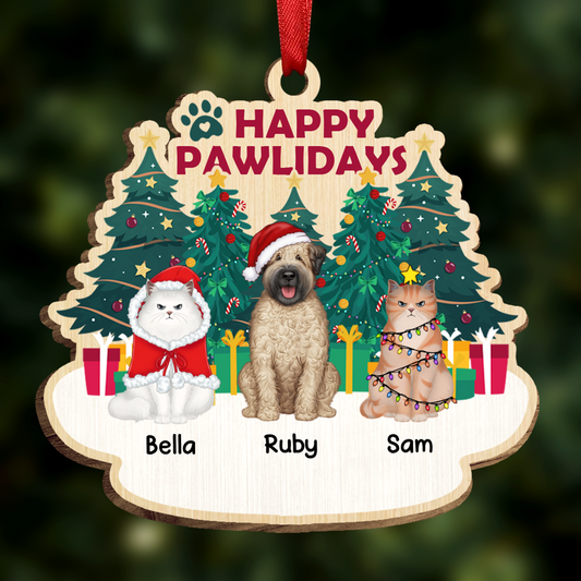 Happy Pawlidays Christmas Dogs Cats Sitting - Personalized Custom Shaped Wooden Ornament