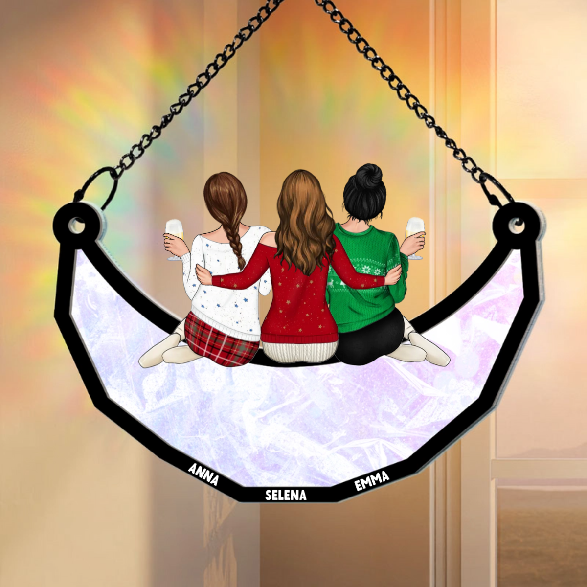 Besties Friends Sitting On The Moon - Personalized Window Hanging Rainbow Suncatcher