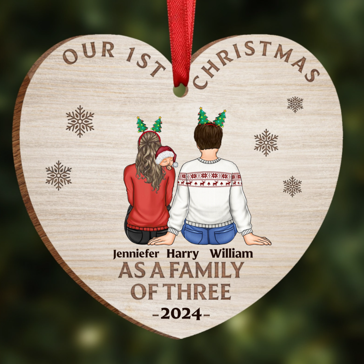 First Christmas As A Family Of Three New Parents - Personalized Custom Shaped Wooden Ornament