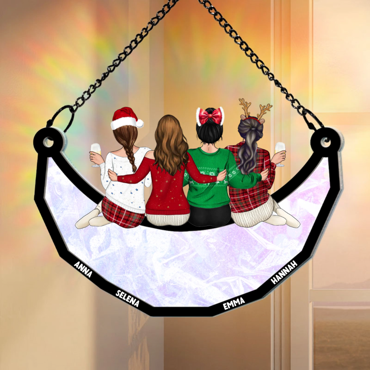 Besties Friends Sitting On The Moon - Personalized Window Hanging Rainbow Suncatcher