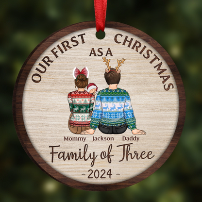 First Christmas As A Family Of Three New Parents - Personalized 2-Layered Wooden Ornament