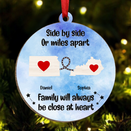 Side By Side Or Miles Apart - Christmas Gift For Family, BFF Best Friends, Siblings, Brothers, Sisters - Personalized  Wooden Ornament