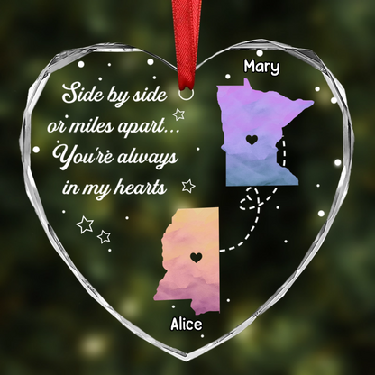 Side By Side Or Miles Apart Long Distance - Personalized Heart Shaped Acrylic Ornament